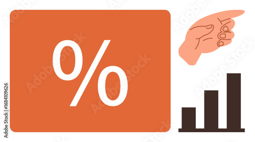 Hand gesture directs towards a bar chart growing upwards alongside a bold percentage symbol in an orange block. Ideal for finance, growth, analytics, business, success metrics, strategy, simple flat
