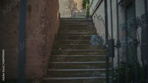 Narrow stone staircase behind wrought iron gates in Meißen, Germany, framed by old walls and plants, capturing the charm of a historic European town.