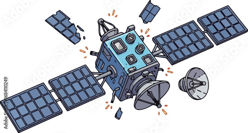 broken satellite in space detailed illustration of damaged spacecraft