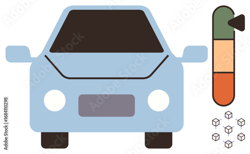 Electric car alongside a battery charge indicator and cube icons symbolizing energy storage. Ideal for electric vehicles, energy, charging, sustainability, green technology, efficiency, renewable