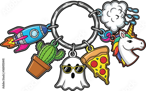 whimsical keyring with rocket, cactus, ghost, pizza, and unicorn charms