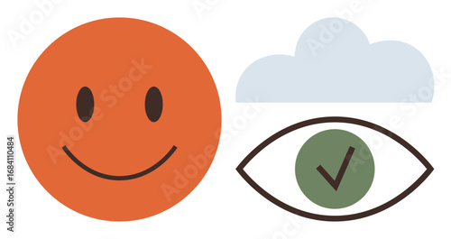 Smiling orange face, eye with green check, and blue cloud convey positivity, agreement, and transparency. Ideal for positivity, mental health, clarity, achievement validation trust simple flat