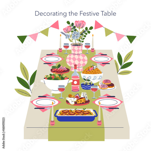 Festive Table Decoration with Food and Drinks