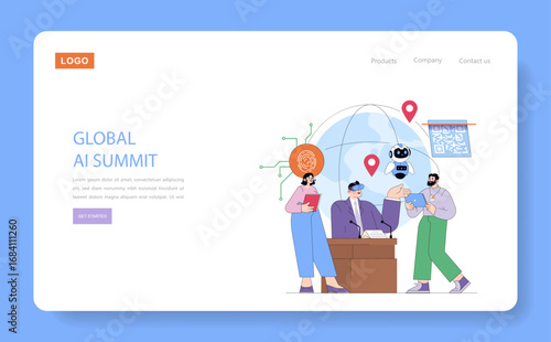 Global AI Summit Vector Illustration with Team Discussion