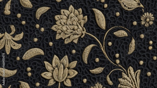 Dark navy blue textured fabric with embossed gold floral pattern