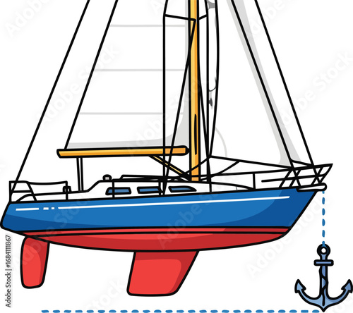 red and blue sailboat at anchor classic yacht illustration