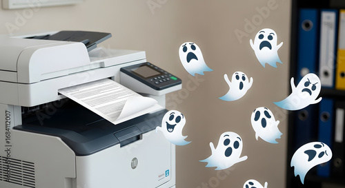 Funny halloween office prank with spooky ghosts emerging from a copier machine in a modern workspace