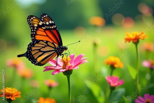 A monarch butterfly sips nectar from a colorful wildflower amidst a lush meadow, insect, monarch butterfly, grassland
