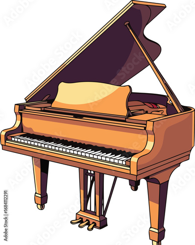 elegant wooden grand piano musical instrument illustration, open lid, detailed keys