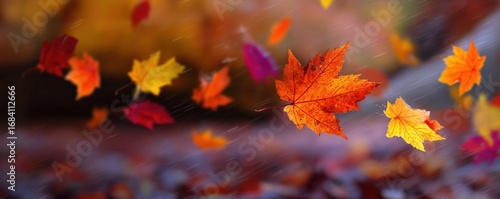 Blurred motion of falling maple leaves during an autumn rain shower, creating a vibrant and seasonal atmosphere