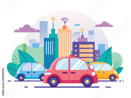 Autonomous ride hail cars navigating a futuristic cityscape with connected technology