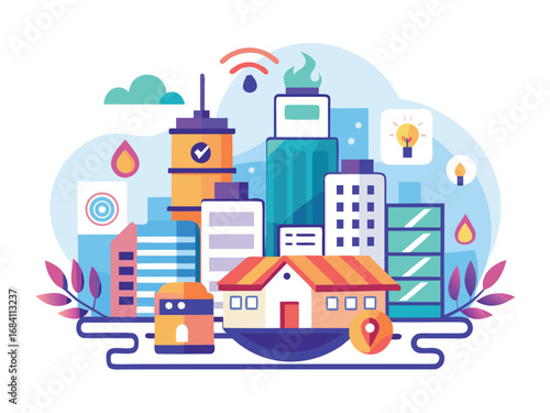 Smart city concept depicting connected buildings and intelligent systems for a safer environment