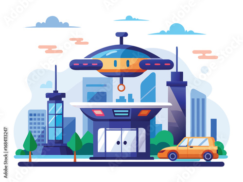 Futuristic smart city drone taxi hub with modern architecture and autonomous vehicles