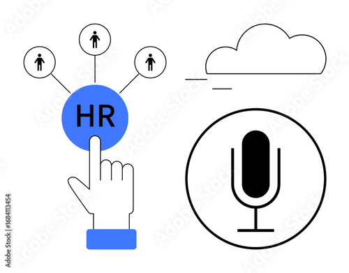 Hand selecting HR button linked to network, microphone shown for communication. Ideal for technology, HR tools, networking, remote work, cloud computing, communication, simple landing page