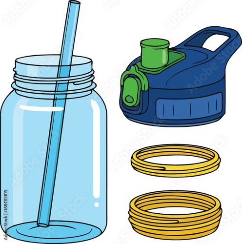 disassembled blue water bottle with straw and lid colorful parts, easy hydration