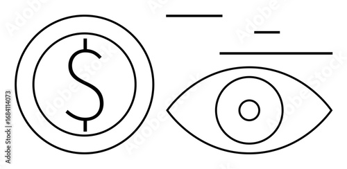 Thin line dollar sign within a circle beside an eye icon with horizontal lines. Ideal for finance, budgeting, investment, savings, analytics, security, and a simple landing page
