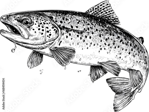 A beautifully detailed black and white sketch of a trout leaping upwards with water droplet falling down.