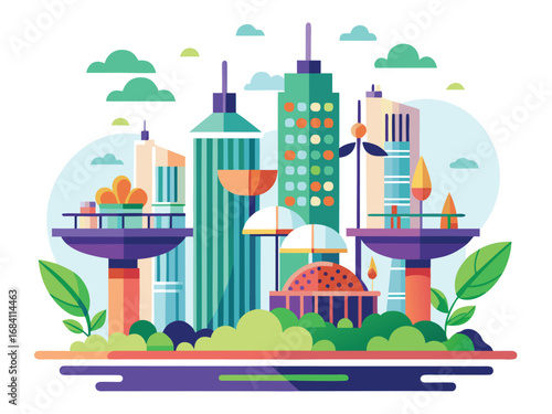 Futuristic eco-smart cityscape with green energy and lush vegetation