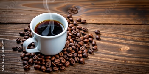 Steaming cup of dark coffee alongside scattered coffee beans on rustic wood, rustic, coffee shop