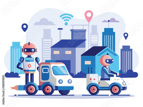 Ai powered delivery robots and autonomous vehicles in a modern city landscape