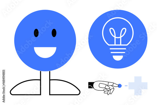 Smiling human icon, lightbulb representing an idea, robotic hand placing element in healthcare symbol. Ideal for innovation, technology, healthcare, AI, creativity, ideas simple landing page