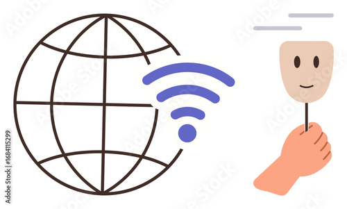 Globe with wireless signal symbolizing internet access and human hand holding a face mask representing anonymity. Ideal for technology, communication, networking, privacy, anonymity, digital