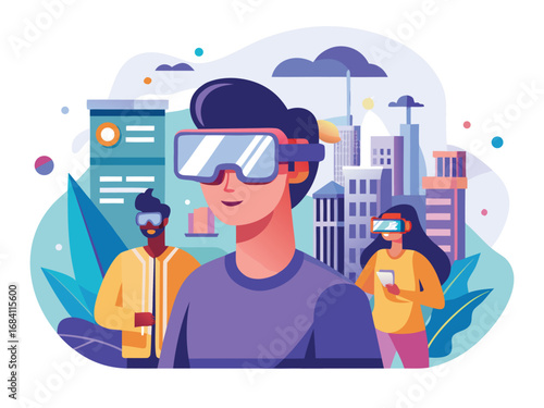 People experiencing augmented reality technology in a modern cityscape environment