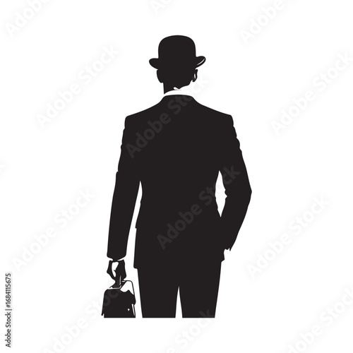 Black silhouette of a man in a bowler hat and suit holding a briefcase male person
