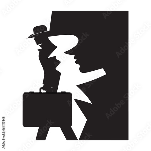 Black silhouette of a man in a hat and trench coat carrying a briefcase against a white background with a jagged black shape