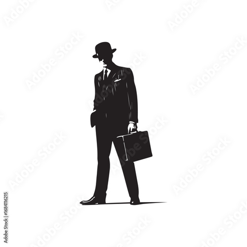 Silhouette of a man in a suit and bowler hat carrying a briefcase vector