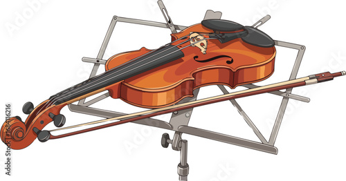 violin on stand ready for rehearsal, musical instrument illustration