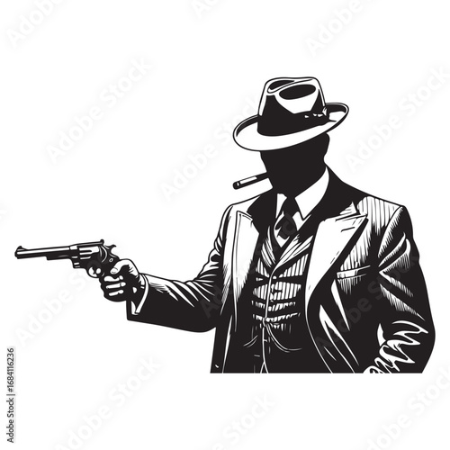 Man in suit and fedora holding a revolver with a cigar in his mouth gangster mafia