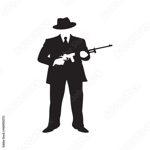 Black silhouette of a man in a fedora and suit holding a tommy gun vector