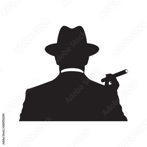 Black silhouette of a man in a fedora hat holding a cigar white