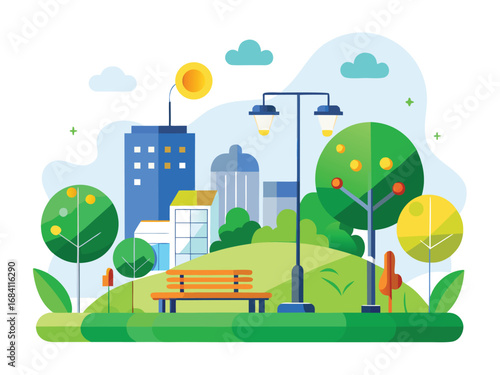 Vibrant green city park scene with modern buildings and lush nature