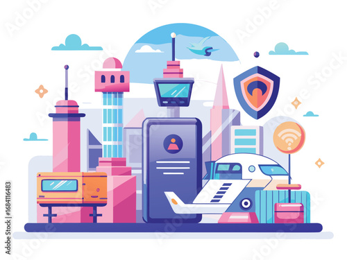 Futuristic airport scene with air traffic control tower and global travel elements