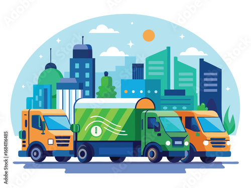 Futuristic automated delivery trucks navigate a modern cityscape for efficient logistics