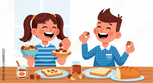 National date nut bread day september 8  happy kids making nut butter sandwiches vector illustration for healthy eating and nutrition education design vector