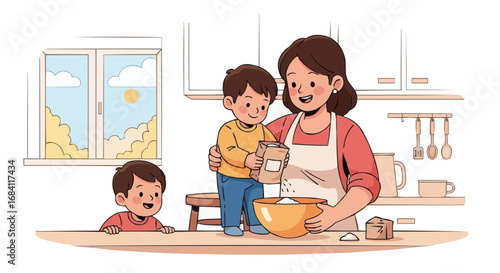National date nut bread day september 8  mom baking with kids in kitchen illustration for family cooking time and happy childhood memories design vector