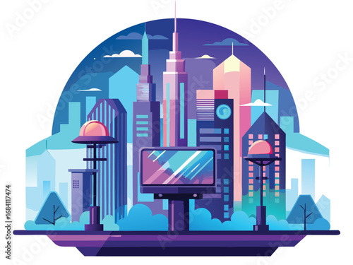 Vibrant futuristic cityscape with tall skyscrapers and glowing digital displays at night