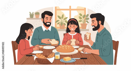 National date nut bread day september 8  family breakfast illustration: happy family eating bread together at the table vector illustration art vector