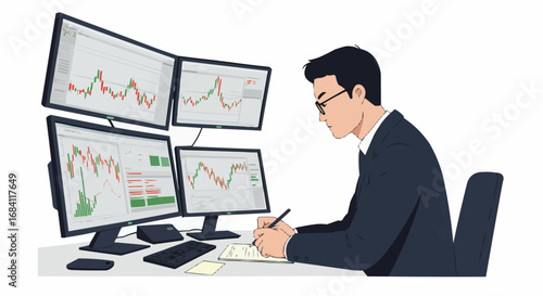Focused male trader working on multiple stock market monitors with charts and graphs, isolated white background.