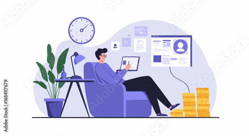 Man working from his home office, managing finances and online business on a laptop with documents and coin stacks in a relaxed environment.