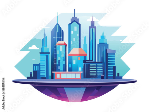 Futuristic cityscape with sleek blue skyscrapers on a floating platform