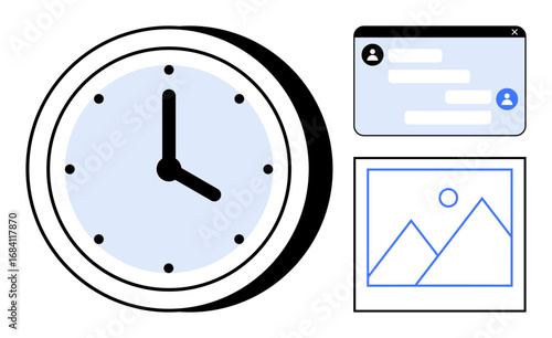 Clock, chat window with messages, and image icon. Ideal for time management, digital tasks, online communication, project planning, productivity, scheduling simple landing page