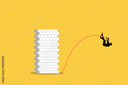Businessman jump on cross over brick wall using a pole vault. concept of Overcome obstacle, solving business problem, and solution for path