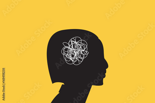 Silhouette of Business woman head with tangled line inside, like brain. Concept of chaotic thought process, confusion, personality disorder and depression