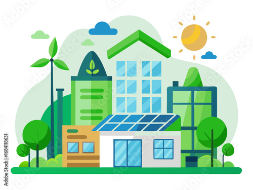 Modern green cityscape with renewable energy sources and eco-friendly buildings for a sustainable future