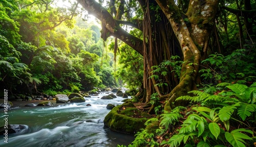 Lush rainforest stream scene