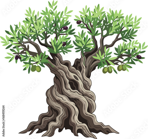 ancient olive tree illustration lush green leaves, twisted trunk, ripe olives